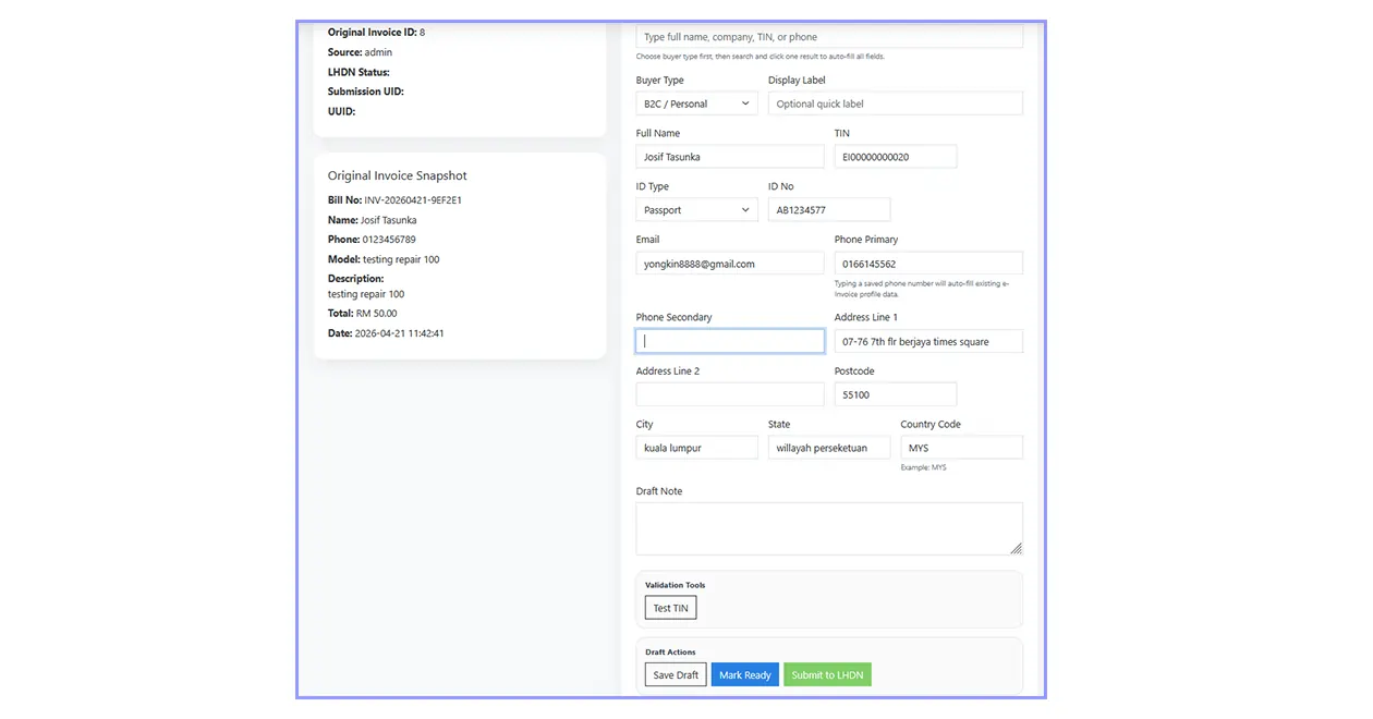 Fill customer information in e-Invoice draft