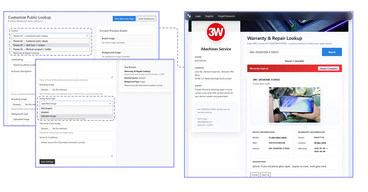 Warranty lookup page customisation