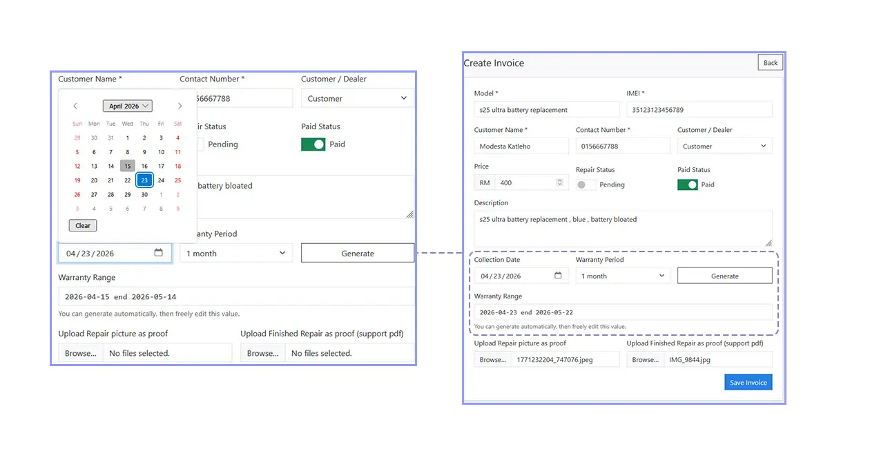Collection date and warranty generation