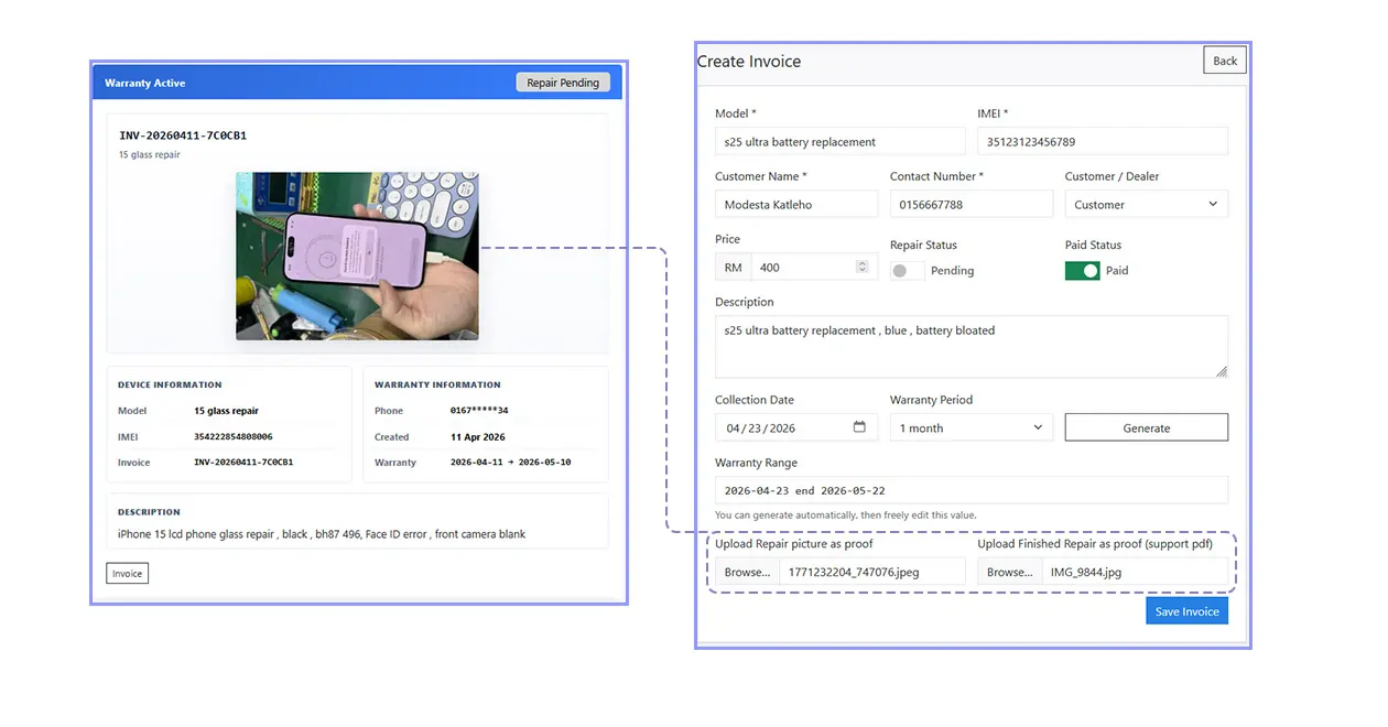 Upload before and after repair files