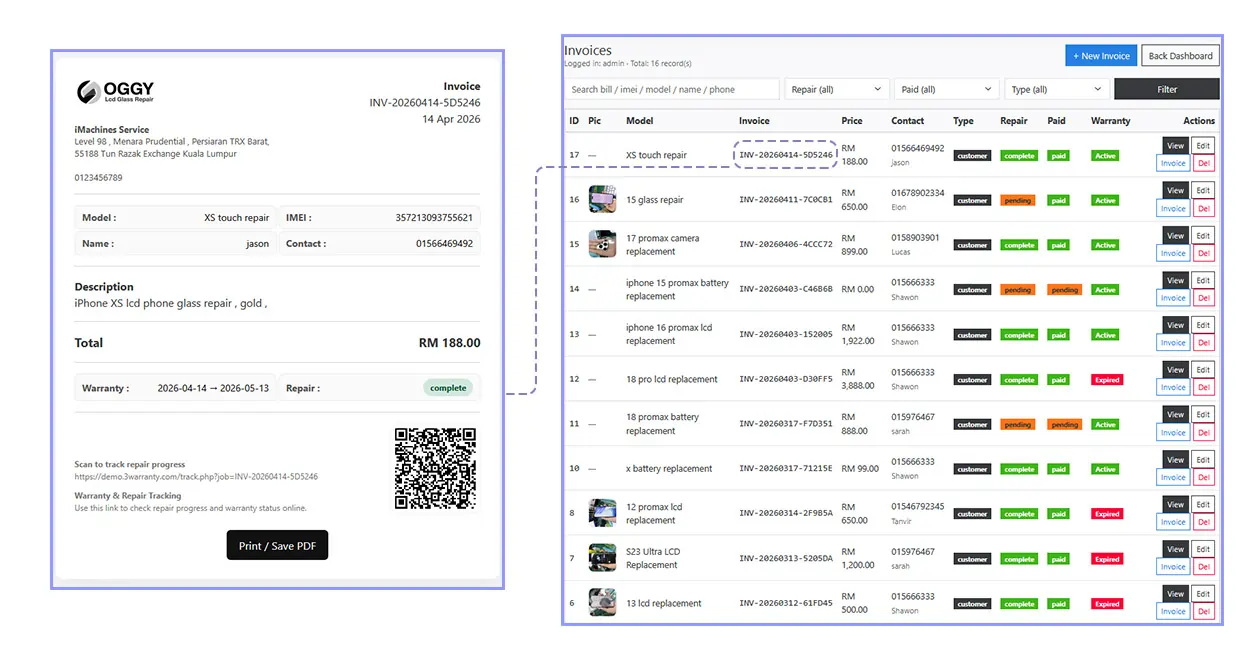 After saving invoice buttons