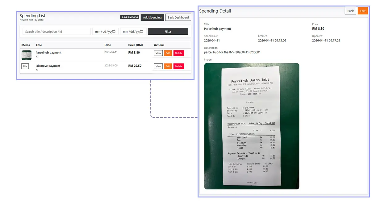 Spending records and receipt upload